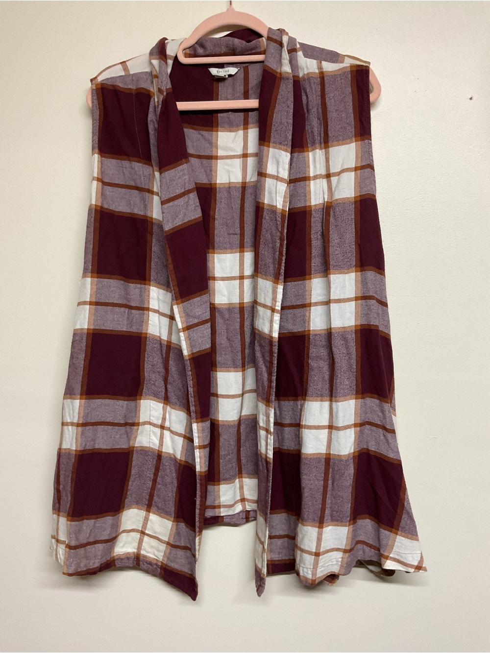 Plaid Hooded Open-Front Vest - Burgundy Plaid